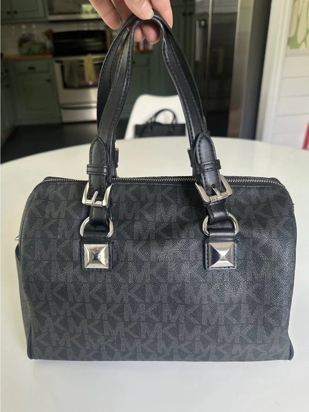Michael Kors Black MK Logo Dome Satchel with Silver Hardware Grayson